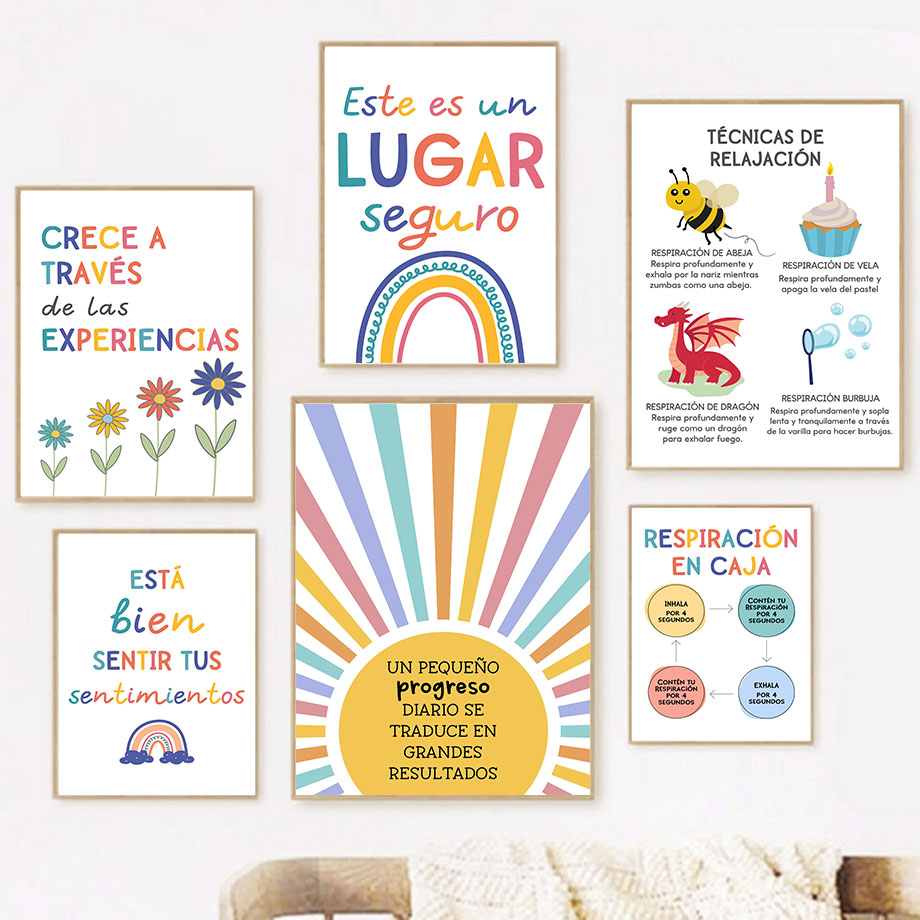 Kids Educational Poster - Educação espanhola lema arco-íris sol arte